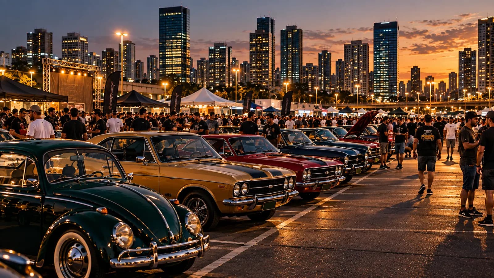 Fusca, Opala SS e outros carros antigos enfileirados num encontro ao entardecer, com público entre eles