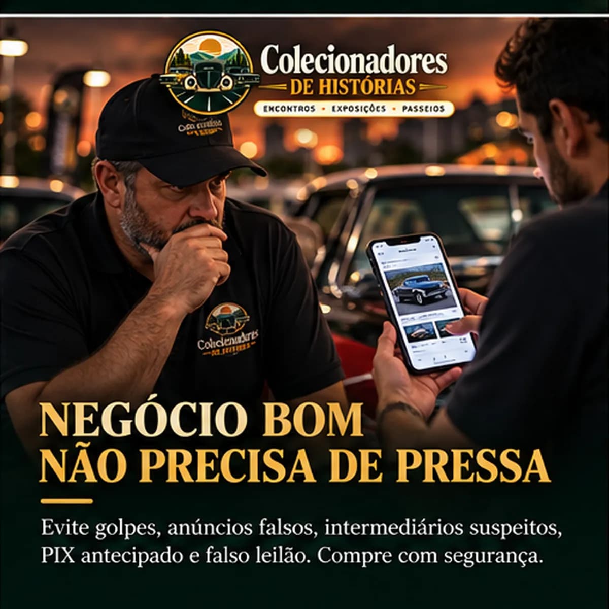Colecionador desconfiado olhando o anúncio de um carro antigo no celular de outra pessoa. Texto: Negócio bom não precisa de pressa
