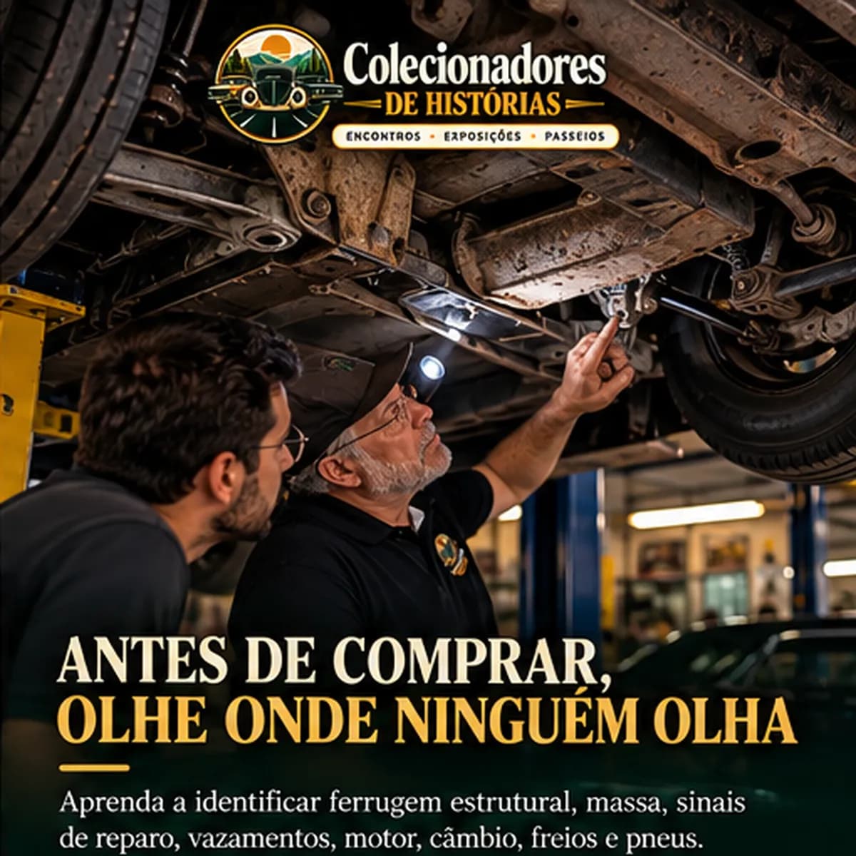 Mecânico com lanterna mostrando ao comprador a parte de baixo de um carro antigo no elevador. Texto: Antes de comprar, olhe onde ninguém olha