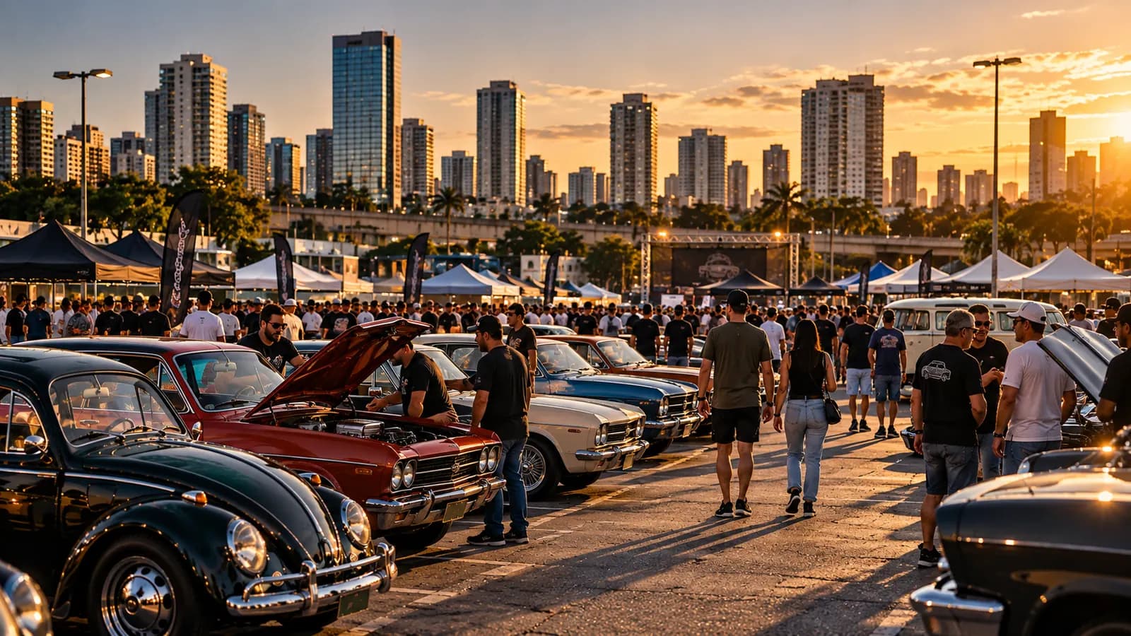 Público caminhando entre carros antigos expostos num encontro ao pôr do sol