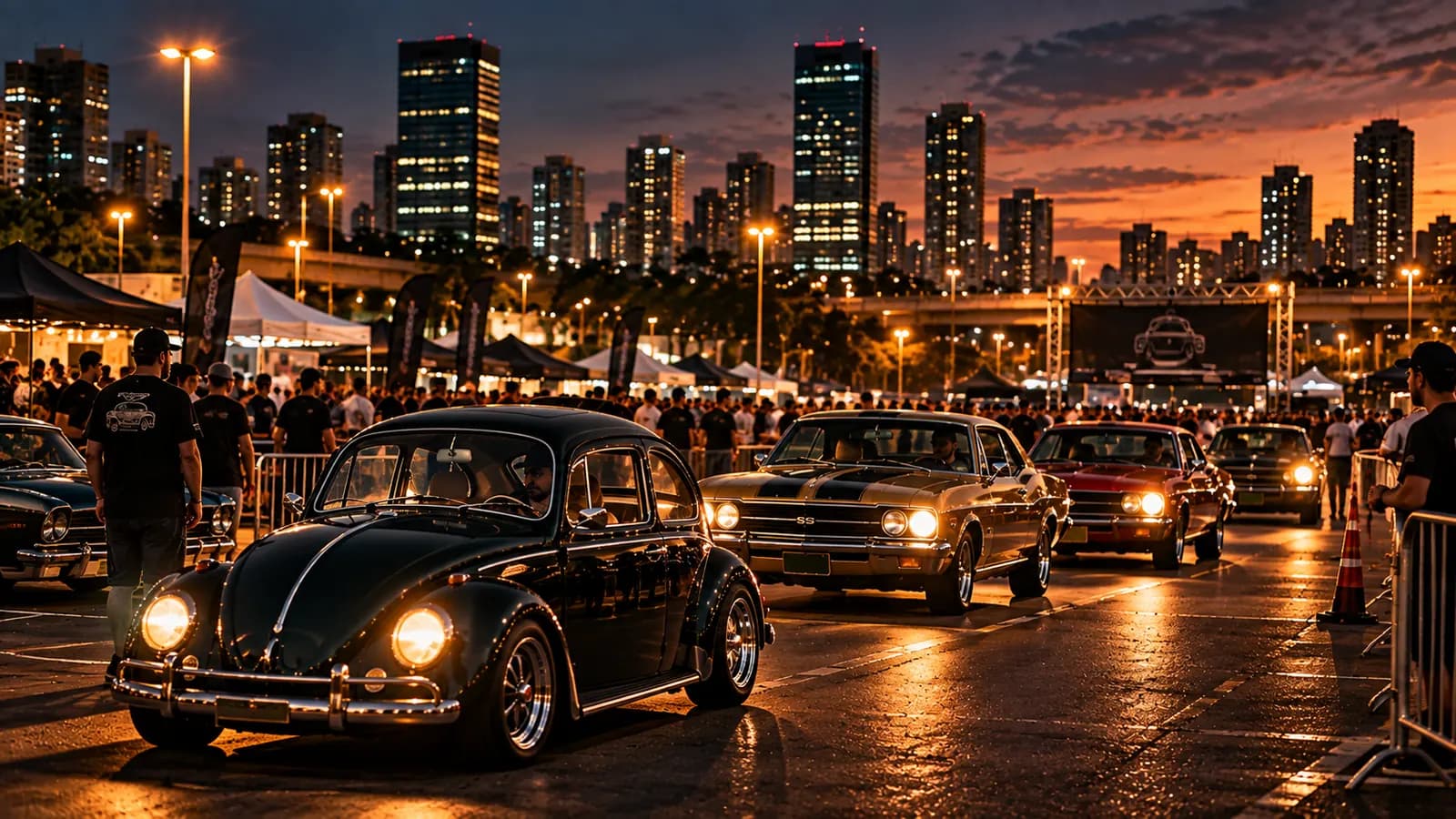 Fusca preto de faróis acesos entrando no encontro em fila com outros carros antigos, entre grades e cones, com a equipe orientando