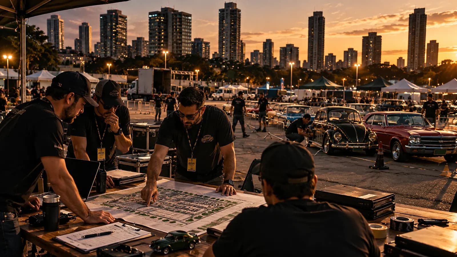 Equipe da organização de crachá reunida em volta do mapa do pátio, com pranchetas e rádios, planejando um encontro de carros antigos