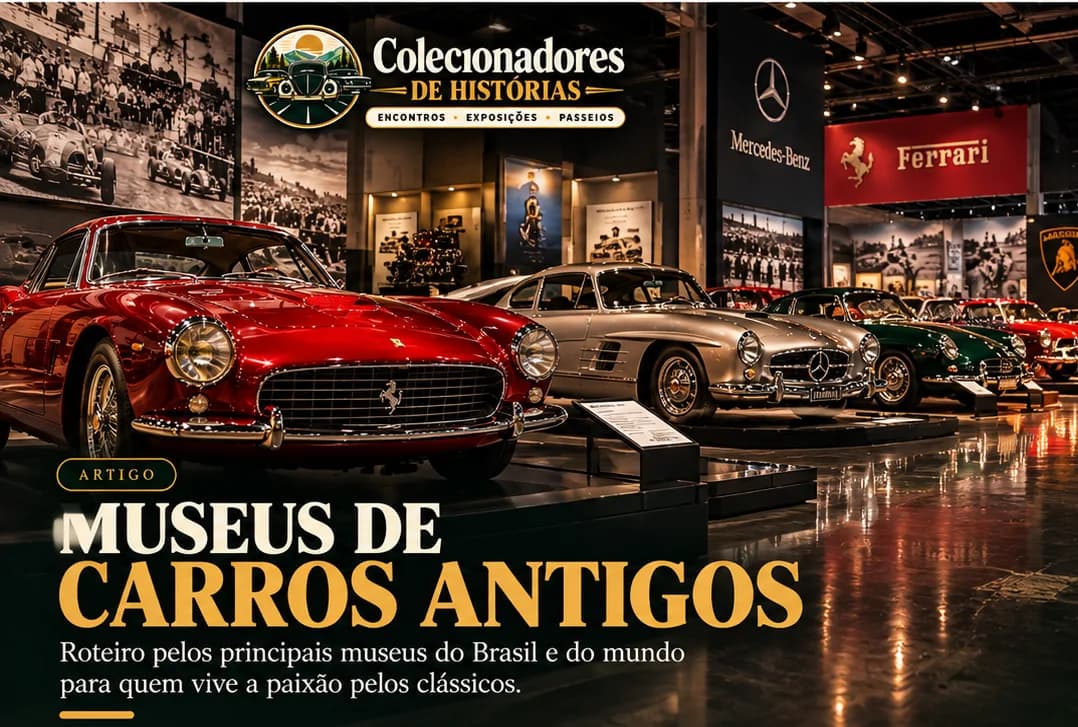 Salão de museu com Ferrari, Mercedes e outros clássicos expostos