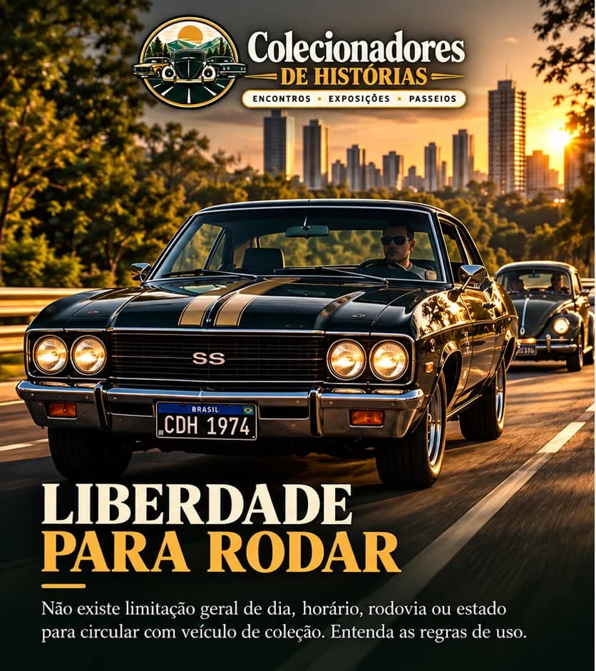 Opala SS preto com placa preta Mercosul rodando numa avenida ao pôr do sol, com um Fusca atrás. Texto: Liberdade para rodar